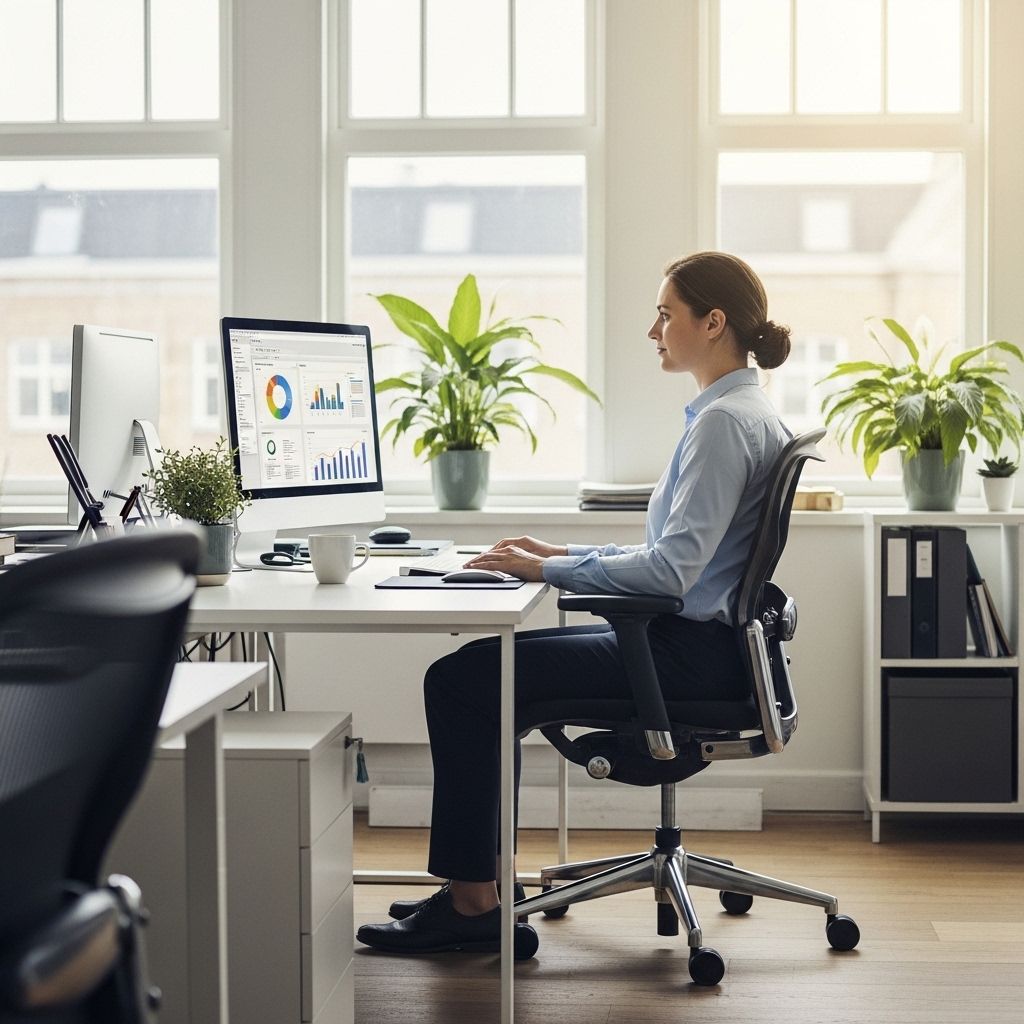Oseba sedi vzravnano za modernim pisarniškim mizo z ergonomskim stolom in pravilno postavo, gleda v računalniški zaslon v svetlem pisarniškem okolju