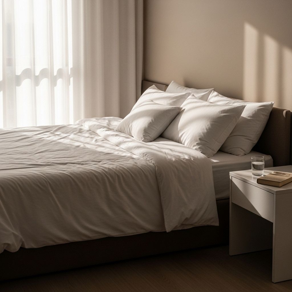 Udobna spalnica s urejenimi belimi posteljnimi prevlekami ob mehki jutranji svetlobi skozi zavese, simbolizira kakovosten počitek in spanje