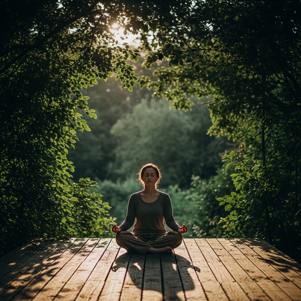 Oseba sedi v mirnem položaju meditacije na leseni terasi zunaj v naravi, obkrožena z zelenim rastlinjem in naravno svetlobo