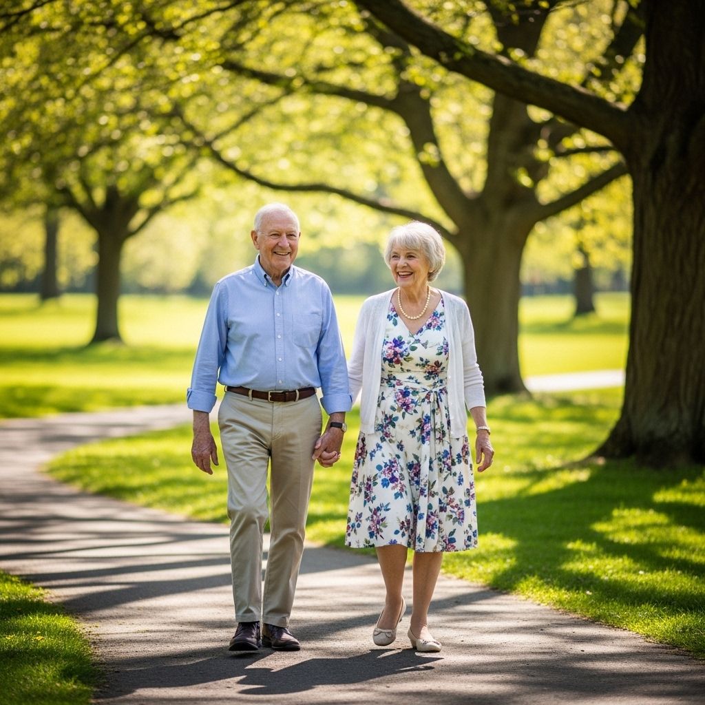 Starejši moški in ženska hodita roko v roki po zeleni parkovski stezi ob sončnem popoldnevu, izražata vitalnost in dobro počutje
