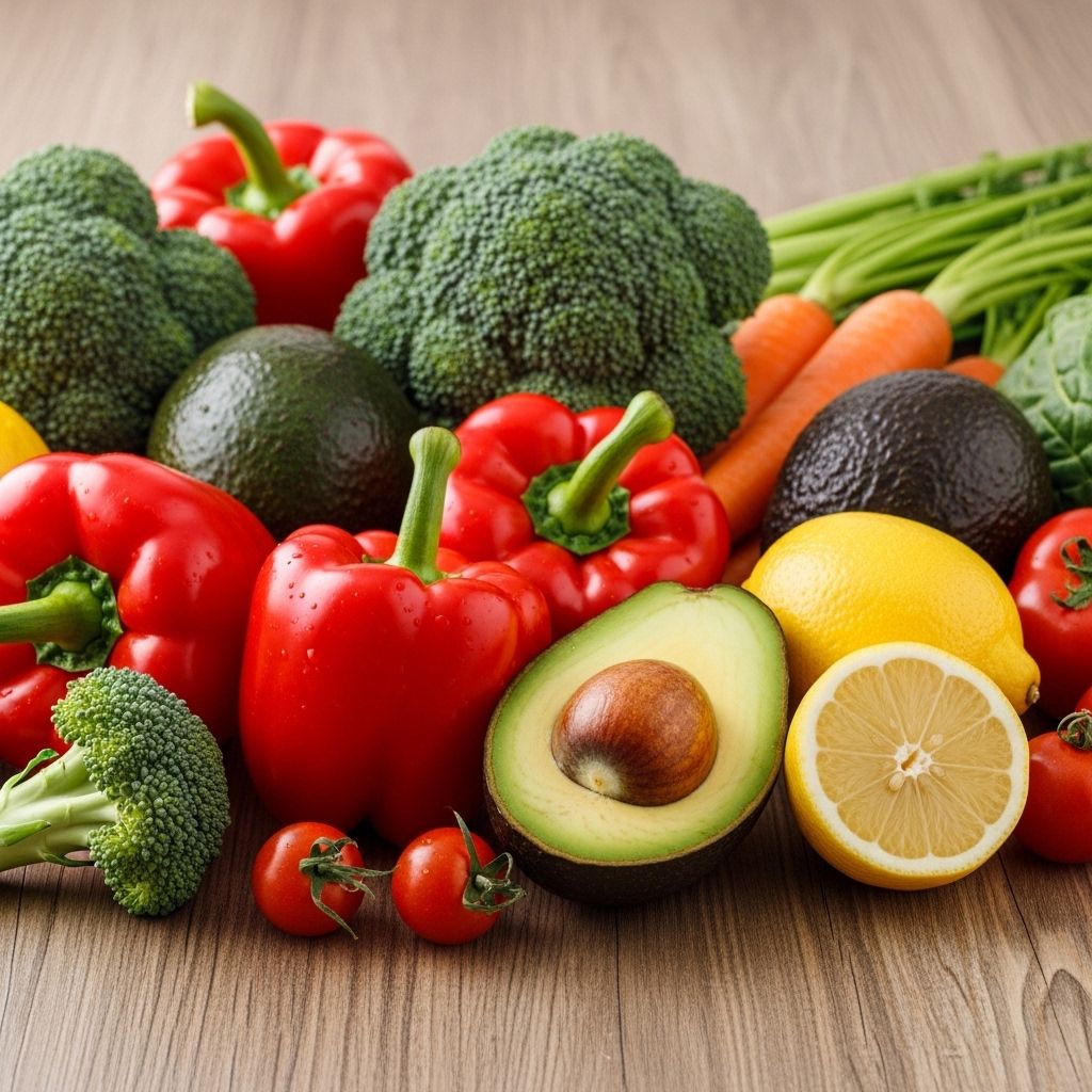 Raznobarvna sveža zelenjava in sadje na leseni mizi – rdeča paprika, brokoli, korenje, avokado in limone, simbolizira pestro in uravnoteženo prehrano